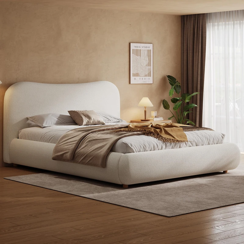 Merax 4FT6 Double Bed Frame, Upholstered Boucle Ottoman Bed with Curved Headboard and Soft Rounded Corners, Lift-Up Storage Frame for Bedroom, Warm White, 135 x 190 cm
