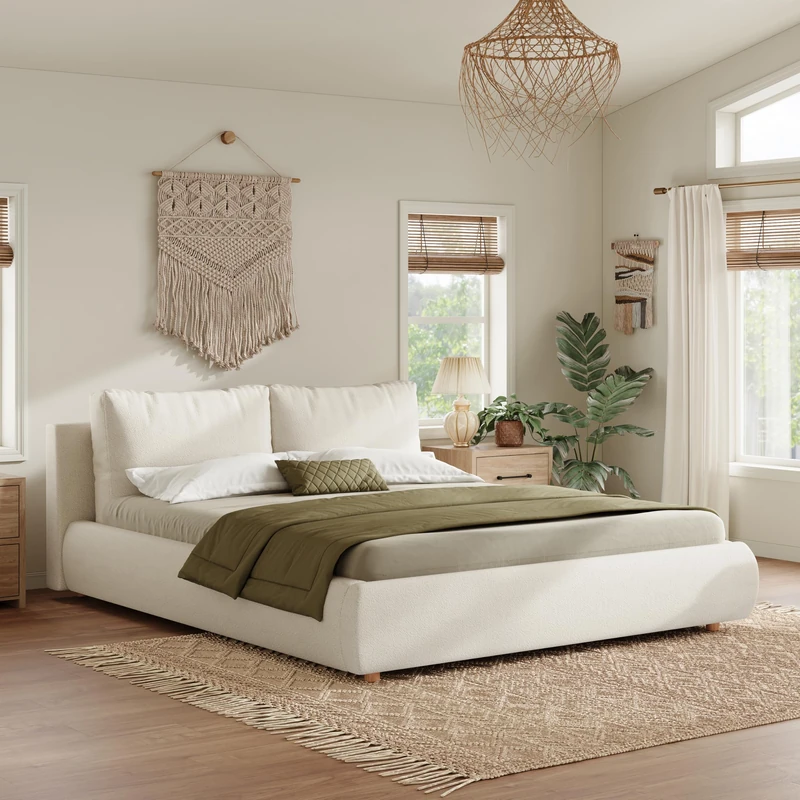 Merax 4FT6 Double Bed Frame, Cloud-Style Upholstered Ottoman Bed with Boucle Fabric, Lift-Up Storage Frame with 2 Cushions and Removable Covers, Warm White, 135 x 190 cm