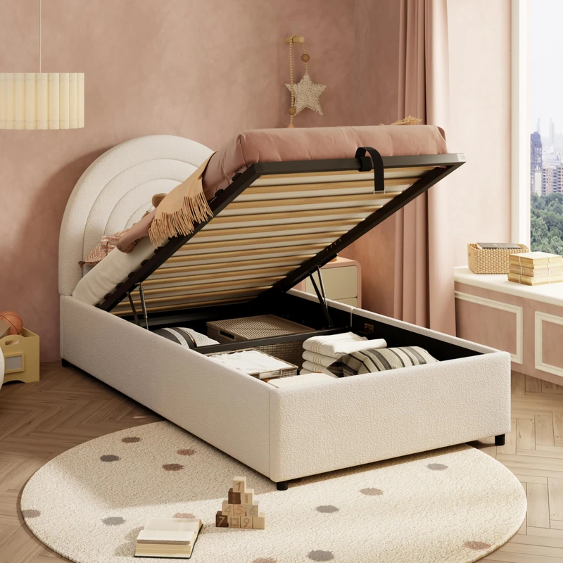 Merax 3FT Upholstered Single Bed Frame 90 x 190 cm, Boucle Children’s & Teen Ottoman Bed with Headboard, Wooden Slatted Base, Easy Assembly, Suitable for Adults and Teenagers, Beige