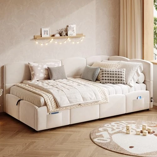 Merax 3FT Upholstered Single Sofa Bed Daybed with Slatted Frame, Hydraulic Storage and USB Charging Port, Velvet Children’s Ottoman Bed, 90 x 190 cm, Beige (Mattress Not Included)