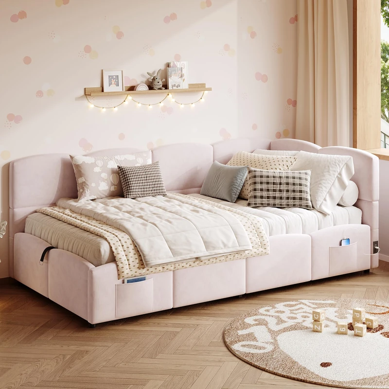 Merax 3FT Upholstered Single Sofa Bed Daybed with Slatted Frame, Hydraulic Storage and USB Charging Port, Velvet Children’s Ottoman Bed, 90 x 190 cm, Pink (Mattress Not Included)