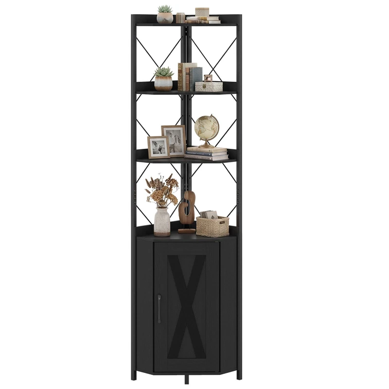 FANTASK 180 cm Corner Bookcase with Cabinet & Doors, 6-Tier Freestanding Corner Shelf, Metal Frame, Storage Shelf for Bedroom, Living Room & Kitchen, 38 x 38 x 180 cm (Black)