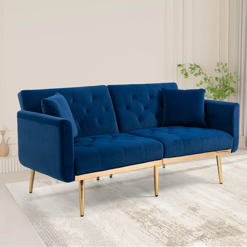 Ball & Cast 2-Seater Sofa Bed,Velvet Upholstered Sofa with Adjustable Backrest,Space-Saving Small Sofa Bed with Cushions,Gold-Plated Metal Feet, Ideal for Guest Room & Living Room,Navy