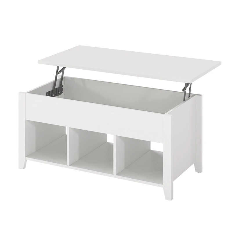 CASART Lift Top Coffee Table, Wooden Lifting Sofa Side Table with Lift Tabletop, Hidden Storage, 3 Open Cubes, Middle Leg, Home Office Tea Table for Living Room Bedroom Study (All White)