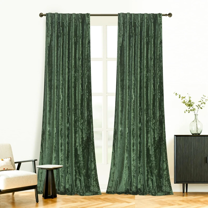 Roslynwood Crushed Luxury Velvet Hunter Green Curtains for Bedroom 96 inches Long Thermal Insulated Window Drapes Back Tab for Living Room/Dining Room, W52 x L96, 2 Panels