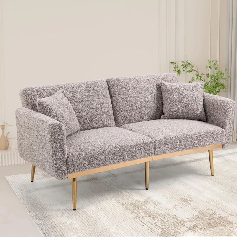 Ball & Cast 2 seater Sofa with 3-speed Adjustable Backrest, Double Sofa with Thickened Padded Cushions, Couches with Gold Metal Legs for Living Room and Bedroom, Teddy Upholstery, Grey Teddy