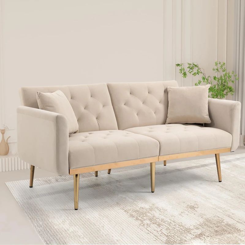 Ball & Cast 2-Seater Sofa Bed,Velvet Upholstered Sofa with Adjustable Backrest,Space-Saving Small Sofa Bed with Cushions,Gold-Plated Metal Feet, Ideal for Guest Room & Living Room,Beige