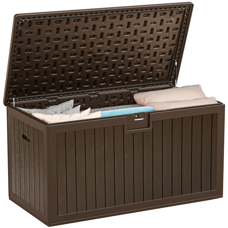 YITAHOME Garden Storage Box Outdoor 567.8L, Heavy-Duty Waterproof Resin Deck Box with Lockable Lid, All-Weather Storage Bench for Patio Furniture, Cushions, Pool & Garden Tools, Brown