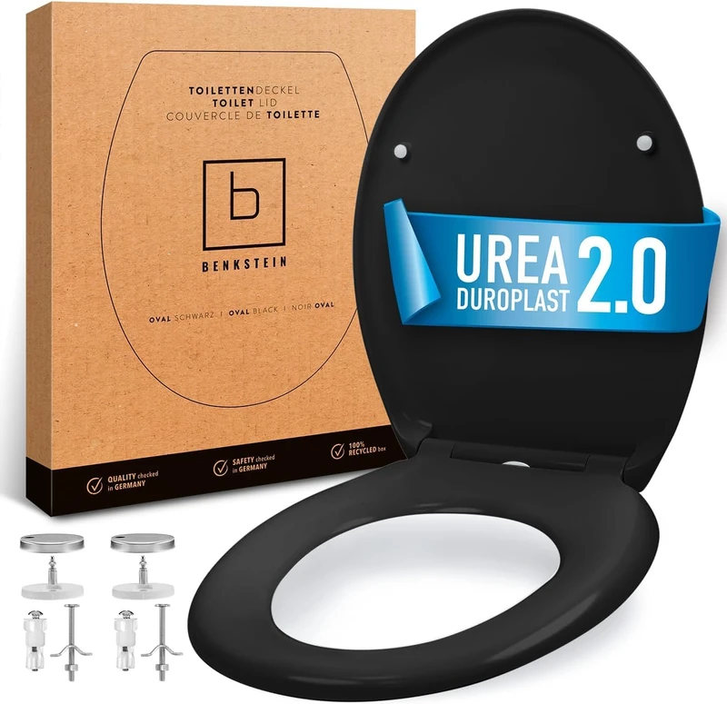 BENKSTEIN Premium Toilet Lid Antibacterial Oval Black - Duroplast Toilet Lid with Quick Release Function and Soft Close Mechanism - Toilet Seat Made of Rustproof Stainless Steel Removable Toilet Seat - Image 1