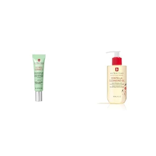 Erborian - CC Red Correct Anti-Redness Tinted Face Cream (15 ml) + Centella Cleansing Oil (180 ml) + Centella Cleansing Gel (180 ml) - Korean Cosmetics