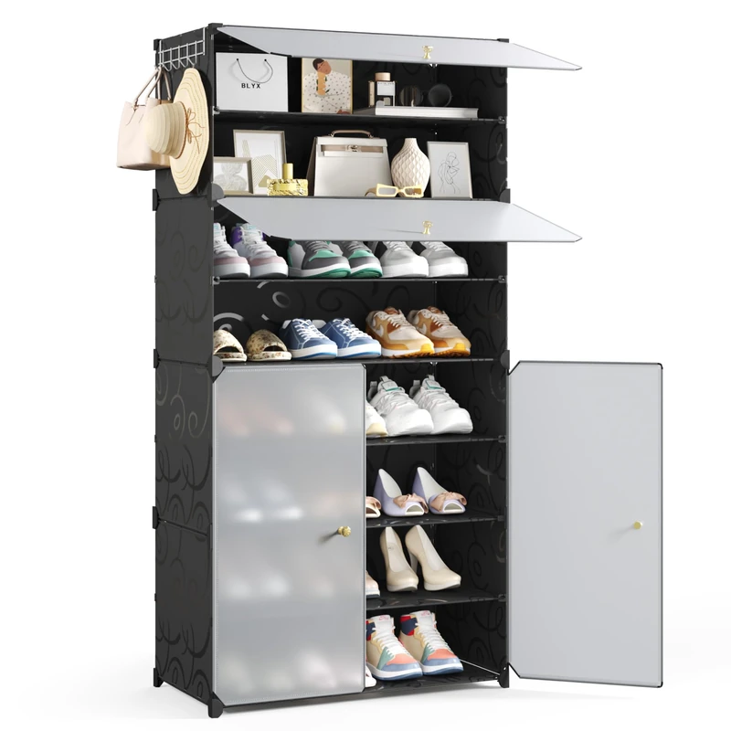 Mondeer Shoe Storage Cabinet, 8-Tier for 24 Pairs of Shoes, Oversized Plastic Shoe Rack with Doors, Removable Shelf and Hooks, for Hallway Entryway Closet, Black