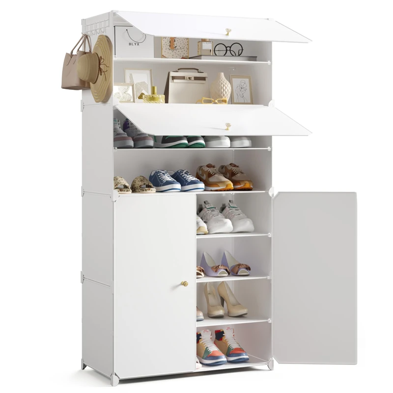 Mondeer Shoe Storage Cabinet, 8-Tier for 24 Pairs of Shoes, Oversized Plastic Shoe Rack with Doors, Removable Shelf and Hooks, for Hallway Entryway Closet, White