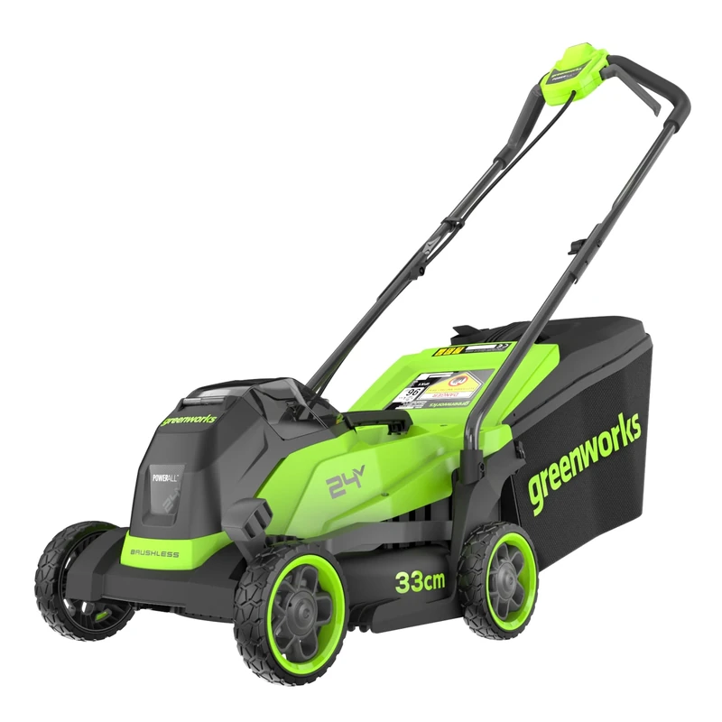 Greenworks 24V Lithium‑Ion Cordless Lawnmower, 33cm Cutting Width, up to 280m², 30L Grass Bag, 6-position central height adjustment 25–75mm, Battery & Charger Not Included – LM3302