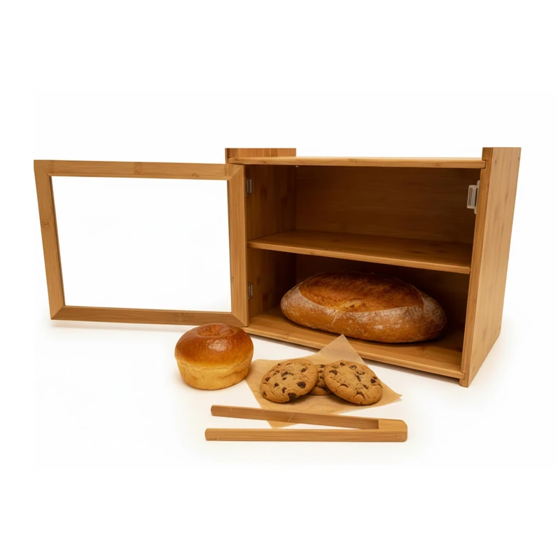Relaxdays Bamboo Bread Bin, 2-Tier with Viewing Window, Includes Toast Tongs, 31x40x17.5 cm, Natural