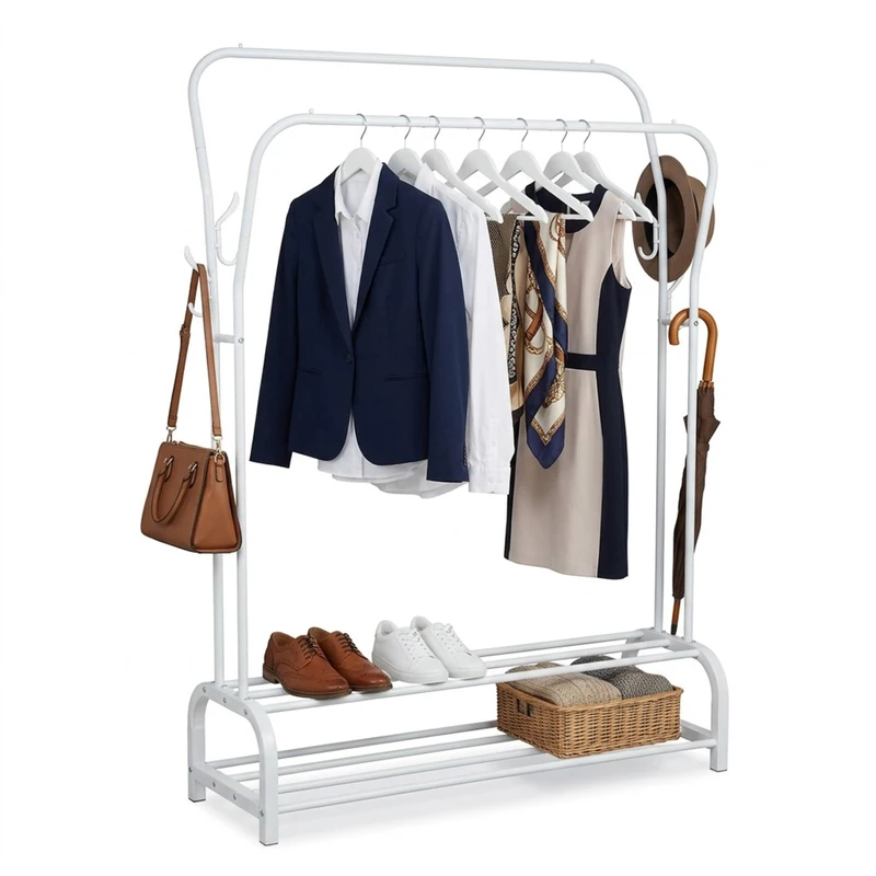 Relaxdays Double Coat Stand with Shelves, Coat Rails, Hooks, 146x110x33 cm, White