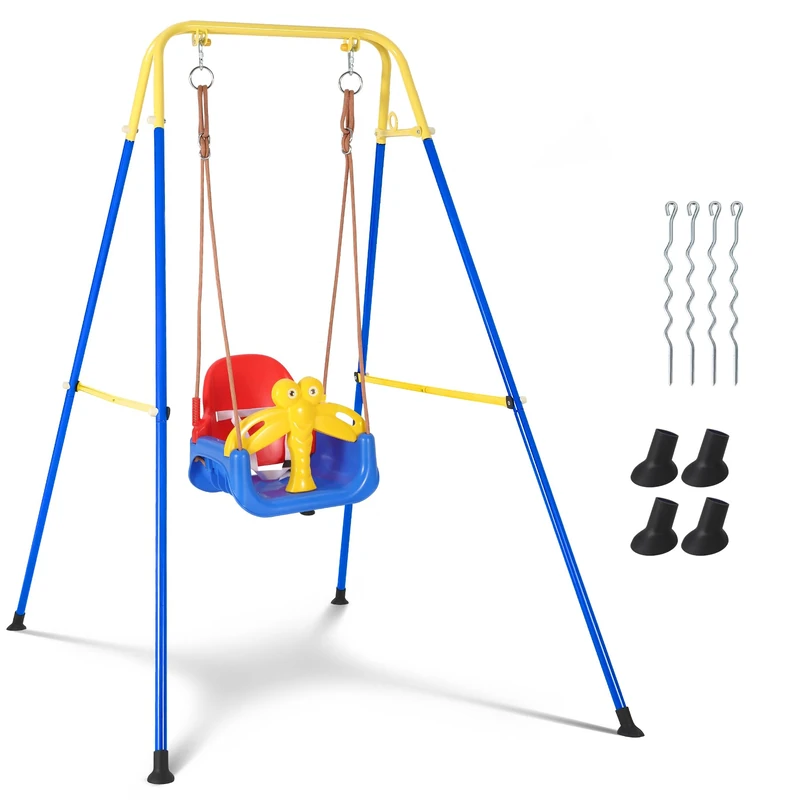 Baby Swing Swing 3-in-1 Children's Swing with Foldable Metal Frame for Indoor and Outdoor Use/Swing for Ages 1-10 Years, Rocker Baby with 4 Ground Anchors, Seat Belts