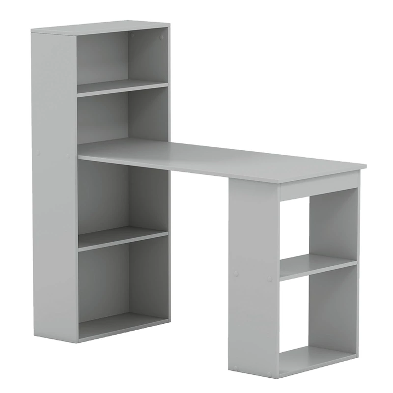 CASART 122CM Computer Desk Bookshelf, Wooden Writing Table with 6 Storage Shelves, Home Office Study Desk PC Laptop Table Workstation (Grey)