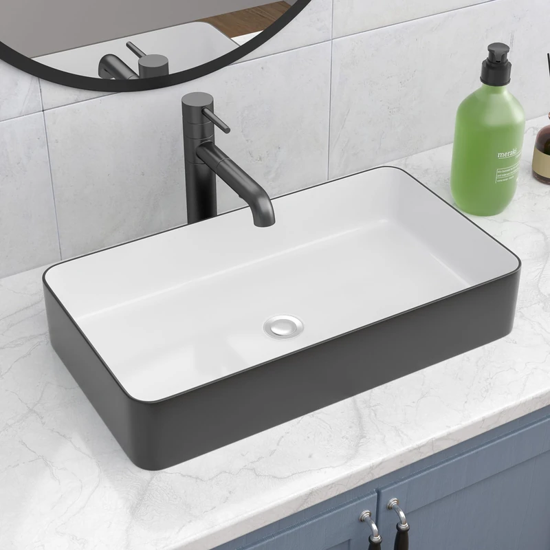 Bathroom Vessel Sink 24x14 Inch Black and White Rectangular Sink