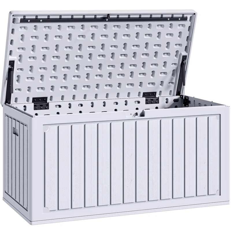 YITAHOME 303L Garden Outdoor Storage Box, HDPE Resin Deck Box with Lockable Lid & Side Handles, Waterproof Storage Bench for Patio Furniture, Cushions, Pool Gear & Garden Tools, White