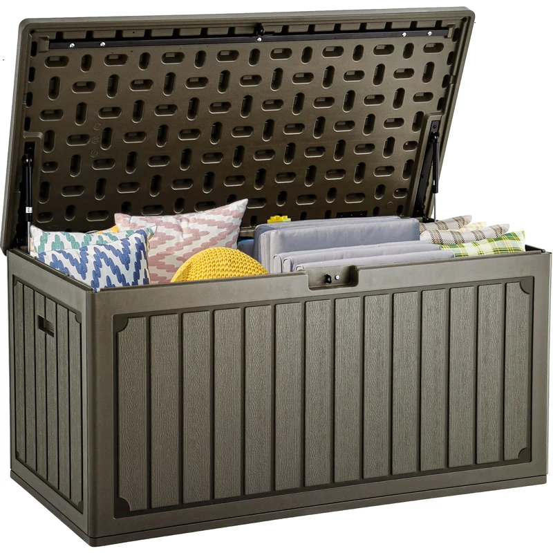 YITAHOME 303L Garden Outdoor Storage Box, HDPE Resin Deck Box with Lockable Lid & Side Handles, Waterproof Storage Bench for Patio Furniture, Cushions, Pool Gear & Garden Tools, Light brown