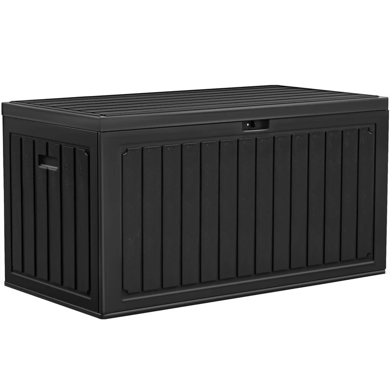YITAHOME 303L Garden Outdoor Storage Box, HDPE Resin Deck Box with Lockable Lid & Side Handles, Waterproof Storage Bench for Patio Furniture, Cushions, Pool Gear & Garden Tools, Black