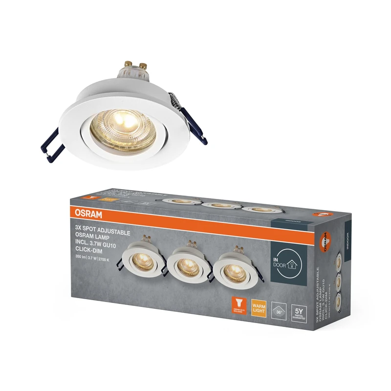 Osram LED Recessed Spotlights DIM Flexible 3.7 W White, 2700 K, Warm White, Aluminium, Dimmable, Click Mount, Pack of 3 - Image 1