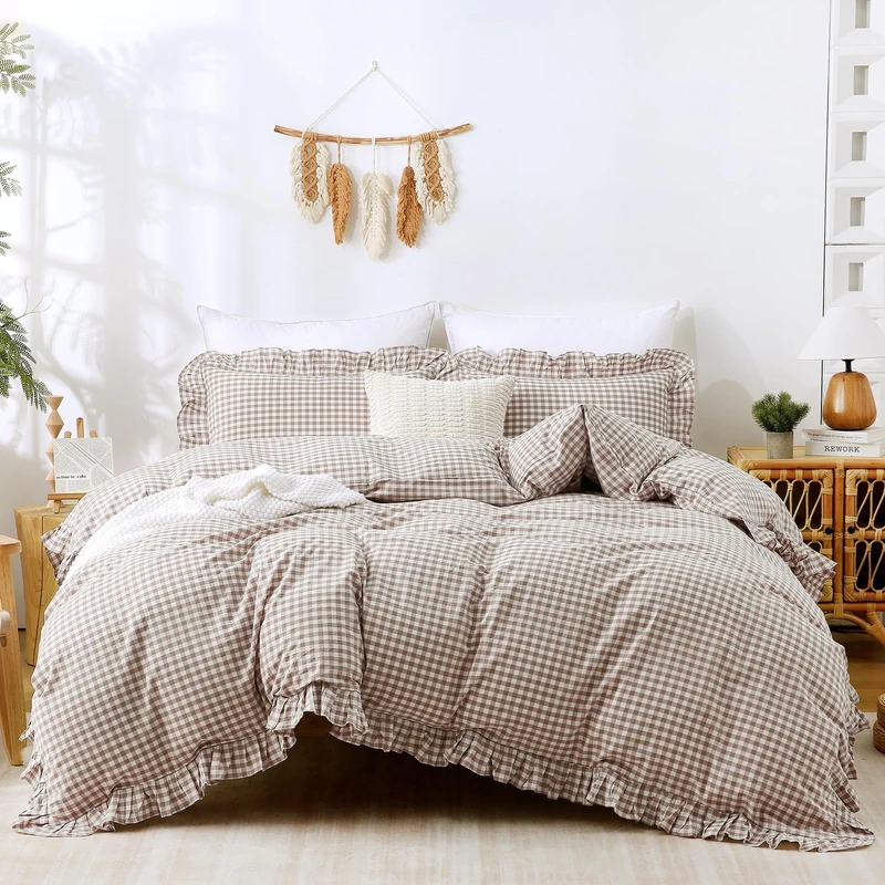 ATsense Tan Gingham Duvet Cover Bedding Set 100% Washed Cotton Like Linen Feel Soft Breathable 3 Pcs Brown Plaid Checkered Cute Ruffle Comforter Cover Set (Twin 68"x90", No Comforter)