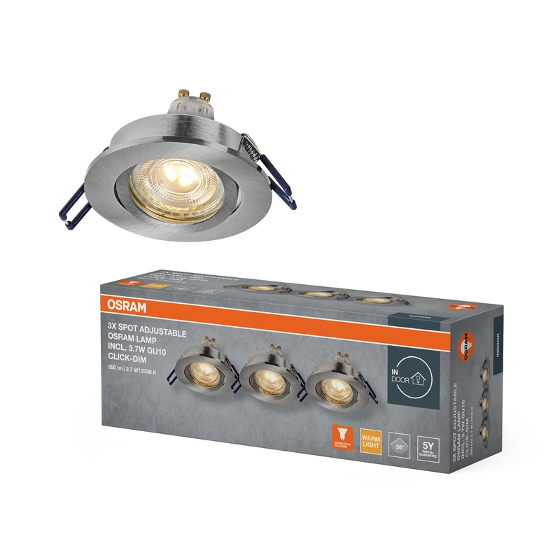 Osram LED Recessed Spotlight, Dim, Flexible, 3.7 W, Satin Nickel, 2700 K, Aluminium, Click Mount, Dimmable, Pack of 3 - Image 1