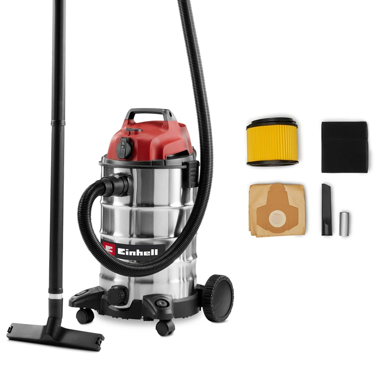 Einhell Wet and Dry Vacuum Cleaner 900W, 190mbar, Automatic Power Socket, 30L Stainless Steel Collection Container, Wheels and Rollers, incl. Nozzles, Filters and Dirt Collection Bag TC-VC 3055 SA