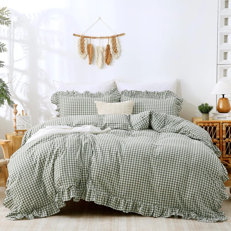 ATsense Green Gingham Duvet Cover Bedding Set 100% Washed Cotton Like Linen Feel Soft Breathable 3 Pcs Plaid Checkered Cute Ruffle Comforter Cover Set (Twin 68"x90", No Comforter)