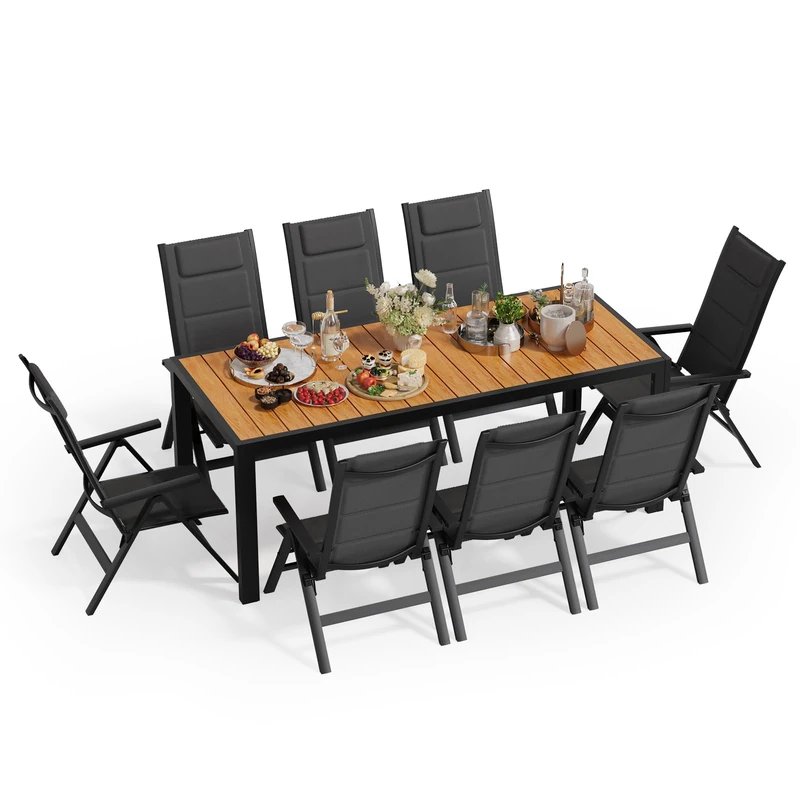 JUMMICO Garden Table and Chairs, 5-Position Adjustable Aluminium Armchair with Wooden Table, Weatherproof Patio Furniture for Balcony and Garden