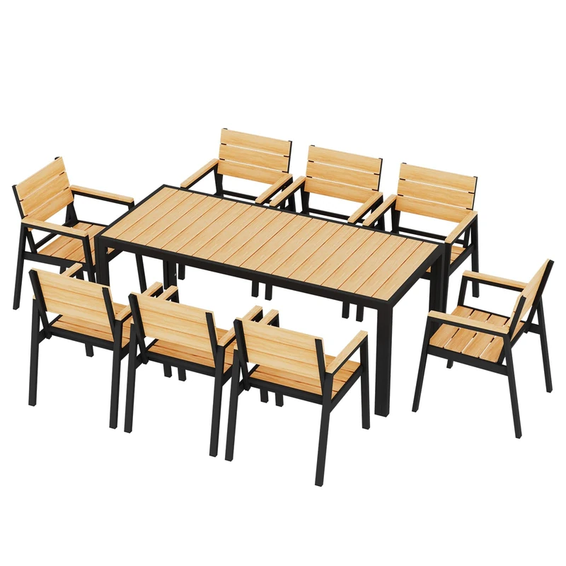JUMMICO Garden Table and Chairs in Aluminium Wood Effect: Table 189cm + 8 Chairs. Robust, Weather Resistant, Easy to Clean, Perfect for Patio, Garden or Swimming Pool