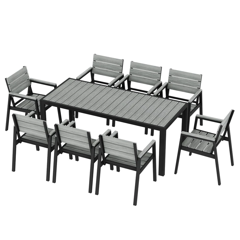JUMMICO Garden Table and Chairs in Aluminium Wood Effect: Table 189cm + 8 Chairs. Robust, Weather Resistant, Easy to Clean, Perfect for Patio, Garden or Swimming Pool