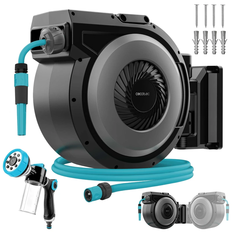 Cecotec Hose Reel 20 m HydroShell 200 Pro Automatic Reel with SlowReturn and Smooth Technology, 3 Layer Hose, Cleaning Brushes, 8 Functions Gun with Soap Reservoir