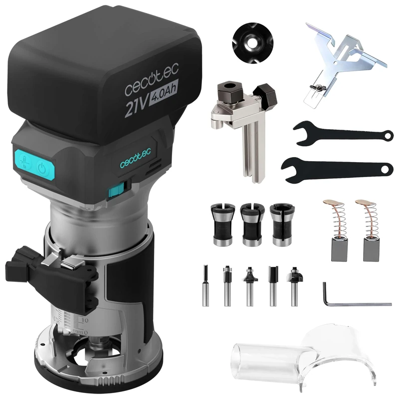 Cecotec MultiShape 2000 Liberty Battery Wood Milling Machine. Nexus Battery 21V 4Ah, Brushless Motor, 5 Burrs, Heads 6/6,35/8 mm, Aluminium Body, Adjustable Depth and Speed