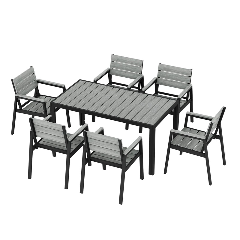 JUMMICO Garden Table and Chairs in Aluminium Wood Effect: Table 150cm + 6 Chairs. Robust, Weather Resistant, Easy to Clean, Perfect for Patio, Garden or Swimming Pool