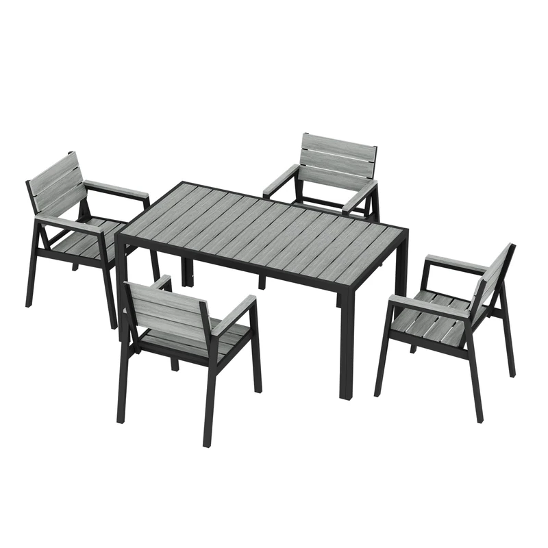 JUMMICO Garden Table and Chairs in Aluminium Wood Effect: Table 150cm + 4 Chairs. Robust, Weather Resistant, Easy to Clean, Perfect for Patio, Garden or Swimming Pool