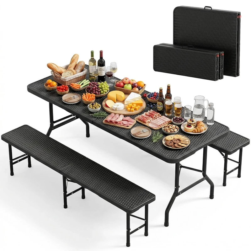 JUMMICO 3-piece folding garden set (2 benches + 1 table). Sturdy and foldable: each bench supports 300 kg, the table 150 kg. Accommodates 4-6 people. Ideal for garden or camping - Image 1