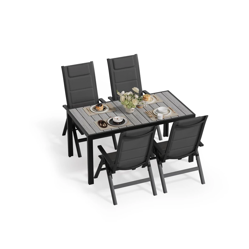 JUMMICO Garden Furniture Set Foldable, 5-Position Adjustable Aluminium Armchair with Wooden Table, Weatherproof Patio Furniture for Balcony and Garden