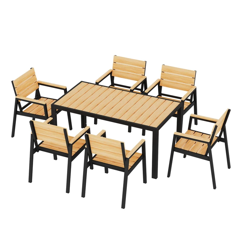 JUMMICO Garden Table and Chairs in Aluminium Wood Effect: Table 150cm + 6 Chairs. Robust, Weather Resistant, Easy to Clean, Perfect for Patio, Garden or Swimming Pool