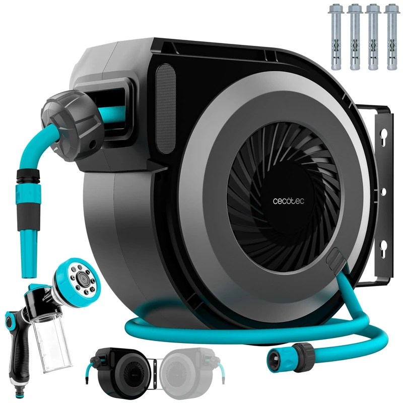 Cecotec HydroShell 100 Pro Hose Reel 10 m Automatic Hose Reel with SlowReturn and Smooth Technology, Portable with 180° Rotation, 8 Functions Spray Gun with Soap Reservoir