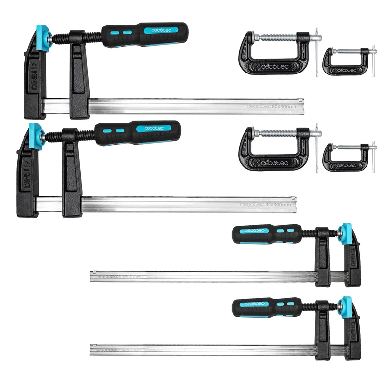 Cecotec StrongComfort 4400 Force 8-Piece Bar Clamps, Pressure up to 300 kg, DIN 5117 Standards, Hardened Steel Bars, Non-Slip Bi-Material Handle, 4 Pressure Clamps Included