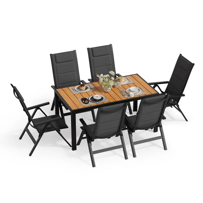 JUMMICO Garden Table and Chairs, 5-Position Adjustable Aluminium Armchair with Wooden Table, Weatherproof Patio Furniture for Balcony and Garden