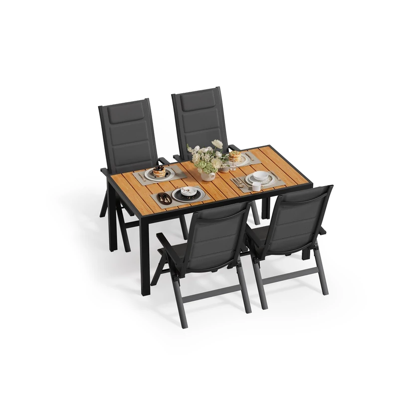 JUMMICO Garden Table and Chairs, 5-Position Adjustable Aluminium Armchair with Wooden Table, Weatherproof Patio Furniture for Balcony and Garden