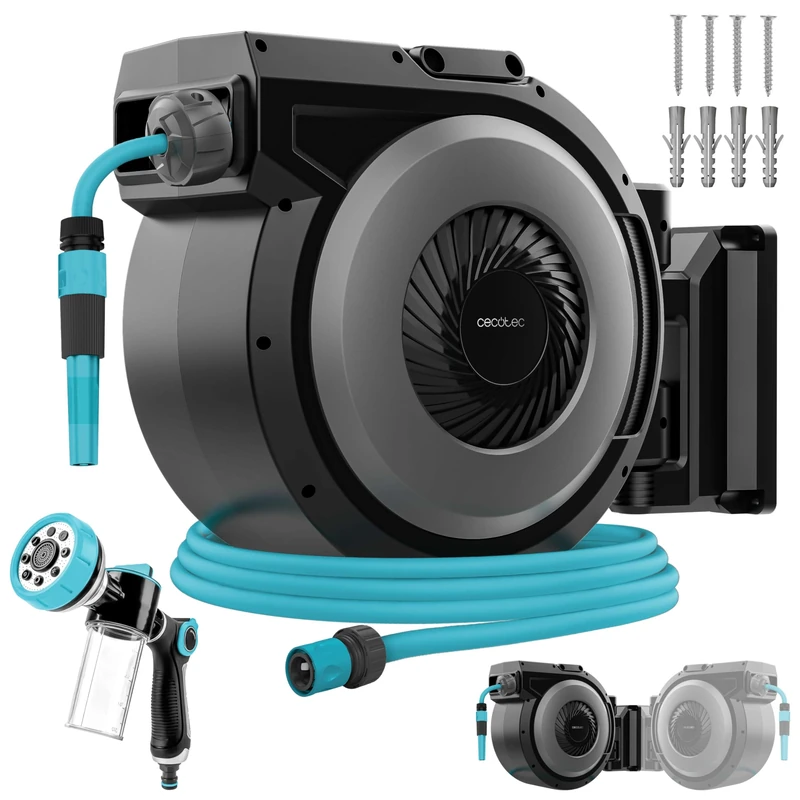 Cecotec Hose Reel 30 m HydroShell 300 Pro Automatic Reel with SlowReturn and Smooth Technology, 3 Layer Hose, Cleaning Brushes, 8 Functions Gun with Soap Reservoir