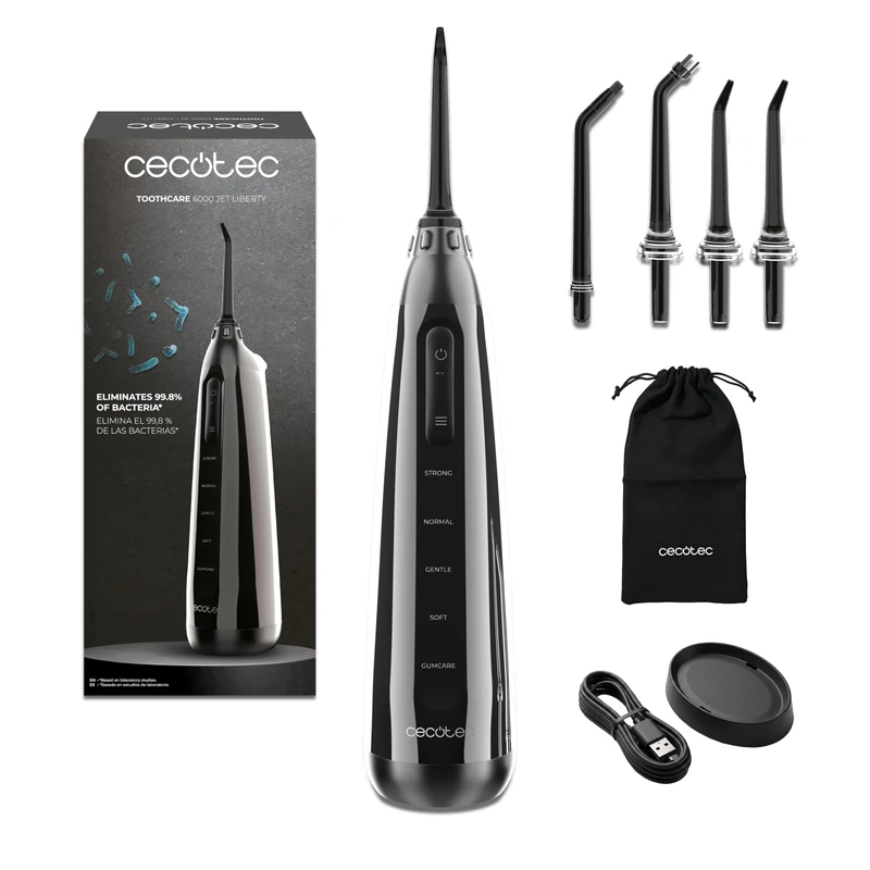 Cecotec ToothCare 6000 Jet Liberty.Auton Portable Oral Irrigator Portable Oral Irrigator 30 Days, 180 ml Tank, 30-80PSI, 1500 Pulse/Min, Magnetic Heads, IPX7, Complete Hygiene