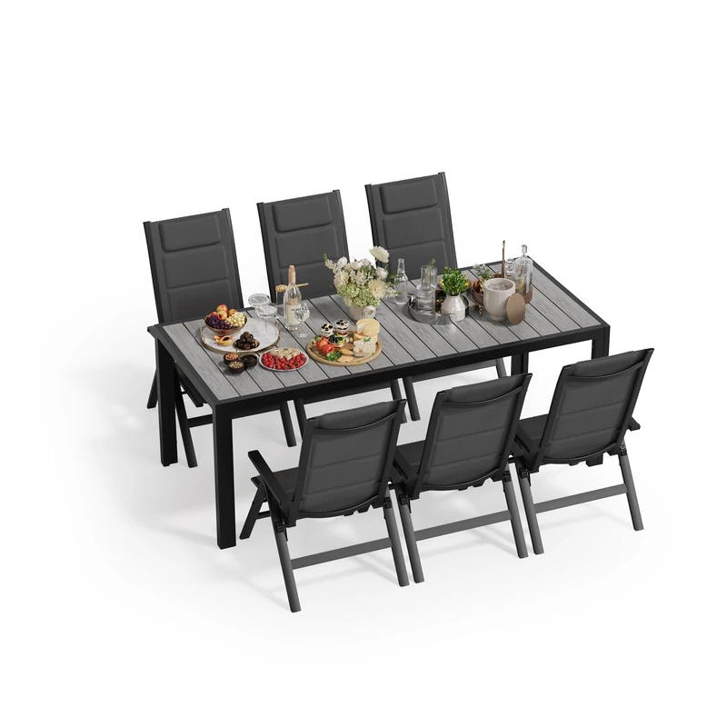 JUMMICO Garden Table and Chairs, 5-Position Adjustable Aluminium Armchair with Wooden Table, Weatherproof Patio Furniture for Balcony and Garden