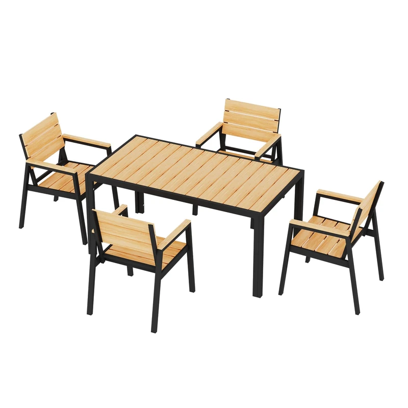 JUMMICO Garden Table and Chairs in Aluminium Wood Effect: Table 150cm + 4 Chairs. Robust, Weather Resistant, Easy to Clean, Perfect for Patio, Garden or Swimming Pool