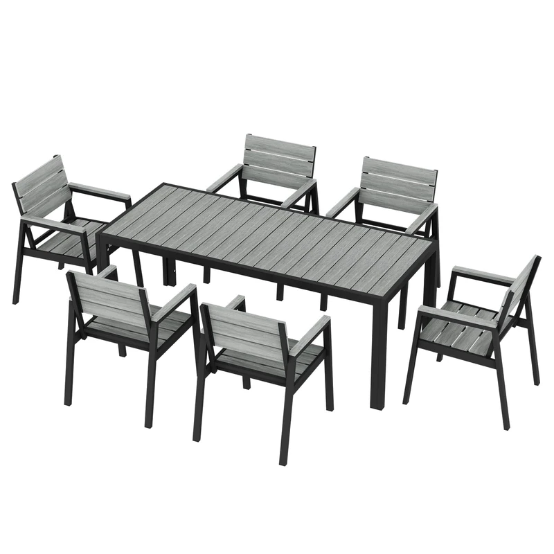 JUMMICO Garden Table and Chairs in Aluminium Wood Effect: Table 189cm + 6 Chairs. Robust, Weather Resistant, Easy to Clean, Perfect for Patio, Garden or Swimming Pool