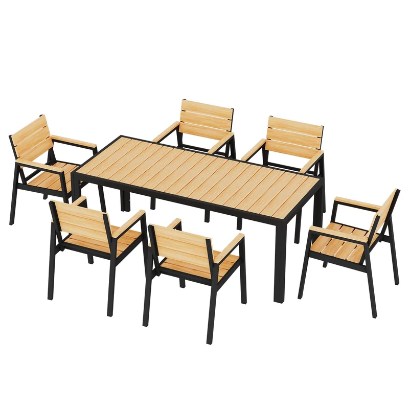 JUMMICO Garden Table and Chairs in Aluminium Wood Effect: Table 189cm + 6 Chairs. Robust, Weather Resistant, Easy to Clean, Perfect for Patio, Garden or Swimming Pool